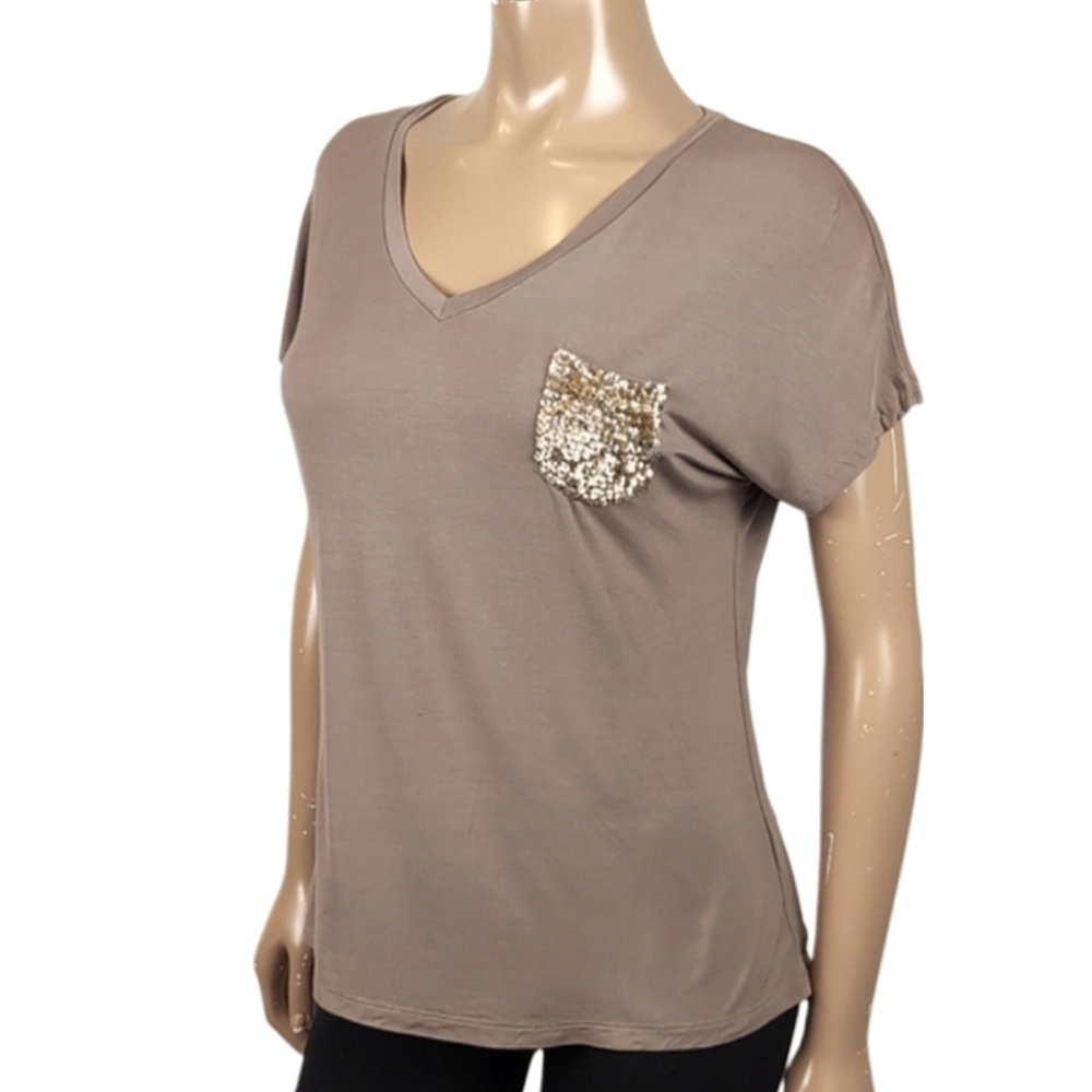 Bedo Femme Sequin Pocket Top Vneck Short Sleeve Dolman Tshirt Brown Gold Modal